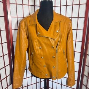 City Chic Mustard Double-Breasted Leather Moto Jacket
